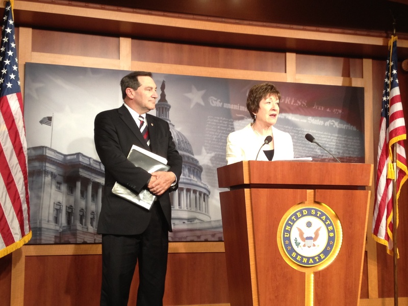 Maine Sen. Susan Collins, a Republican, is joined by Democratic Sen. Joe Donnelly of Indiana on Wednesday during a news conference to discuss their bill to change the definition of full-time employment in President Obama’s Affordable Care Act.