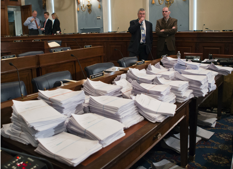 Stacks of paperwork await members of the House Agriculture Committee on Capitol Hill in Washington in May, as it met to consider the proposed Farm Bill.
