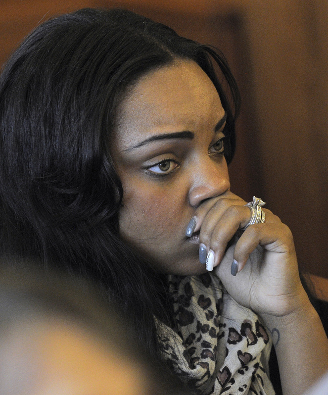 Shayanna Jenkins, fiancee of former New England Patriots football player Aaron Hernandez, listens in the courtroom during a bail hearing for Hernandez in Fall River Superior Court on Thursday in Massachusetts.