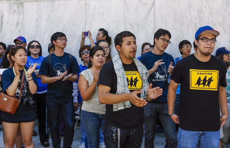 Immigrant students join a coalition of immigrant-rights supporters on a 24-hour vigil calling on the U.S. Congress to pass immigration reform outside the Federal Building in Los Angeles on Thursday.