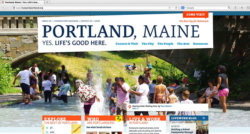 The liveworkportland.org website, recently redesigned by the Creative Portland Corporation, prominently displays the "Yes. Life's good here" tagline in this June 18 screenshot.