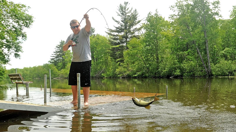 Ben Misner, 16, hauls in a 13-inch bass from a dock on Messalonskee Stream on North Street in Waterville on Thursday. Maine anglers are being asked to take photos of the striped bass they catch this summer in the name of science.
