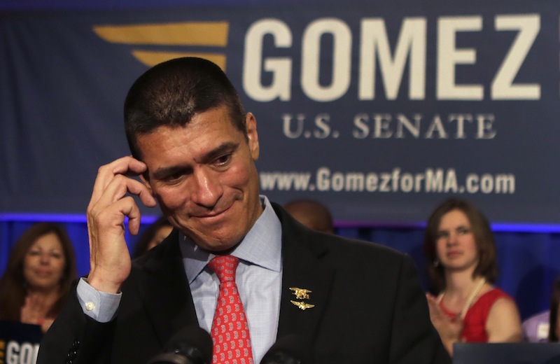 Gabriel Gomez, the Republican candidate for U.S. Senate in the Massachusetts open seat special election, pauses while addressing supporters during an election day party in Boston, Tuesday, June 25, 2013. Gomez lost his bid against Democrat U.S. Rep. Ed Markey, who won the election and will take the seat vacated by John Kerry's departure to become Secretary of State. (AP Photo/Charles Krupa)