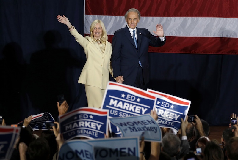 Democratic U.S. Rep. Edward Markey, with wife Dr. Susan Blumenthal, celebrates his victory in the Massachusetts special election for the U.S. Senate at his campaign party Tuesday, June 25, 2013, in Boston. Markey defeated Republican candidate Gabriel Gomez for the Senate seat vacated by Secretary of State John Kerry. (AP Photo/Elise Amendola)
