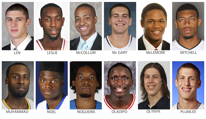 These recent images provided by their respective schools or team show prospects in the 2013 NBA Draft. Top row from left are Alex Len, Maryland; C.J. Leslie, North Carolina State; C.J. McCollum, Lehigh; Mitch McGary, Michigan; Ben McLemore, Kansas and Tony Mitchell, North Texas. Bottom from left are Shabazz Muhammad, UCLA; Nerlens Noel, Kentucky; Lucas Nogueira, Estudiantes; Victor Oladipo, Indiana; Kelly Olynyk, Gonzaga and Mason Plumlee, Duke . The Draft takes place June 27, 2013 in New York. (AP Photo)