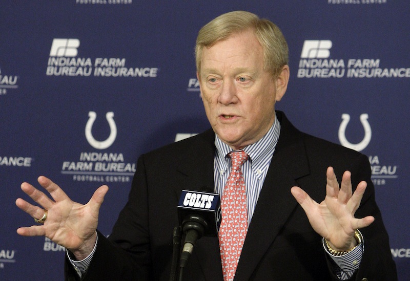 In this April 21, 2010 file photo, Indianapolis Colts' Bill Polian responds to a question during a news conference in Indianapolis. Polian, who built the Bills, Panthers and Colts into Super Bowl teams as one of the NFL's most successful general managers and team presidents, strongly maintains that the league's vetting process is solid. (AP Photo/Darron Cummings, File)