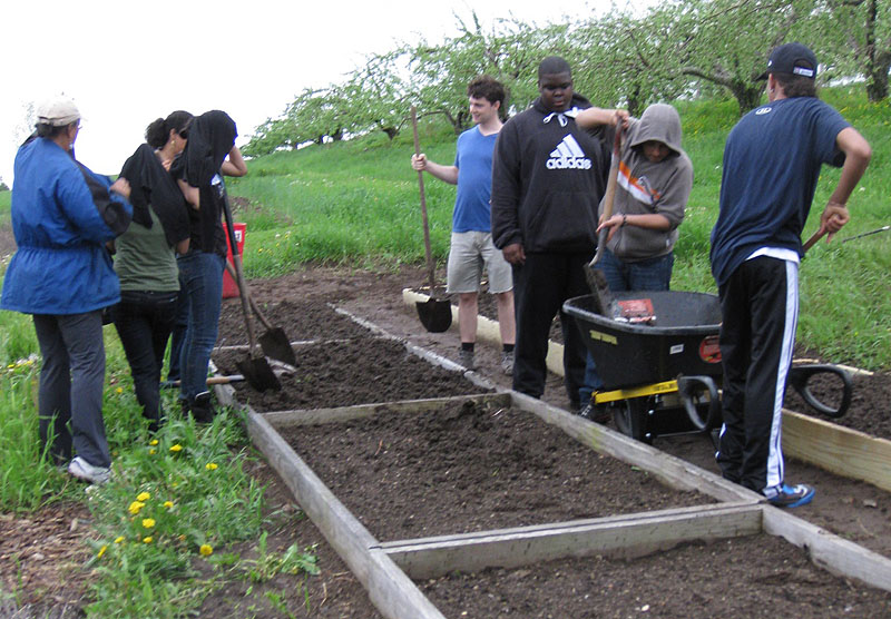 New York City students try gardening during a recent visit to the Sabbathday Lake Shaker Village in New Gloucester. The students lodged at the village and participated in prayers and chores on the farm. They also took field trips to other attractions in the area.