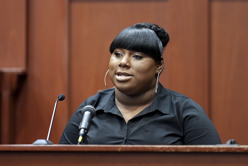 Rachel Jeantel, the witness that was on the phone with Trayvon Martin just before he died, gives her testimony to the prosecution during George Zimmerman's trial in Seminole circuit court in Sanford, Fla. Wednesday, June 26, 2013. Zimmerman has been charged with second-degree murder for the 2012 shooting death of Trayvon Martin.(AP Photo/Orlando Sentinel, Jacob Langston, Pool)