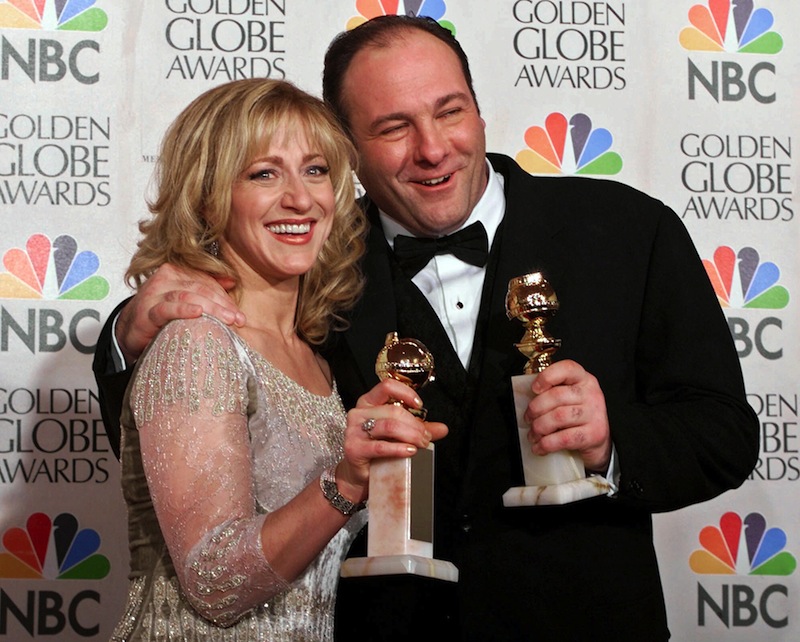 his Jan. 23, 2000 file photo shows actors Edie Falco, left, and James Gandolfini with their awards for best performance by an actress and actor in a dramatic televison series for "The Sopranos," during the 57th Golden Globe Awards in Beverly Hills, Calif. HBO and the managers for Gandolfini say the actor died Wednesday, June 19, 2013, in Italy. He was 51. (AP Photo/Kevork Djansezian, file)