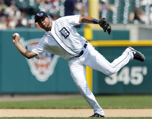 Detroit Tigers shortstop Jhonny Peralta throws out Boston's Shane Victorino at first base in Detroit on Sunday.