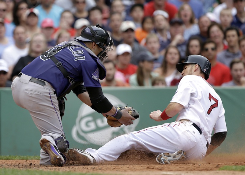 Boston Red Sox's Stephen Drew (7) is tagged out at the plate by Colorado Rockies catcher Yorvit Torrealba as he tries to score on a fielder's choice during the sixth inning of an interleague baseball game at Fenway Park in Boston, Wednesday, June 26, 2013. (AP Photo/Elise Amendola) Fenway Park