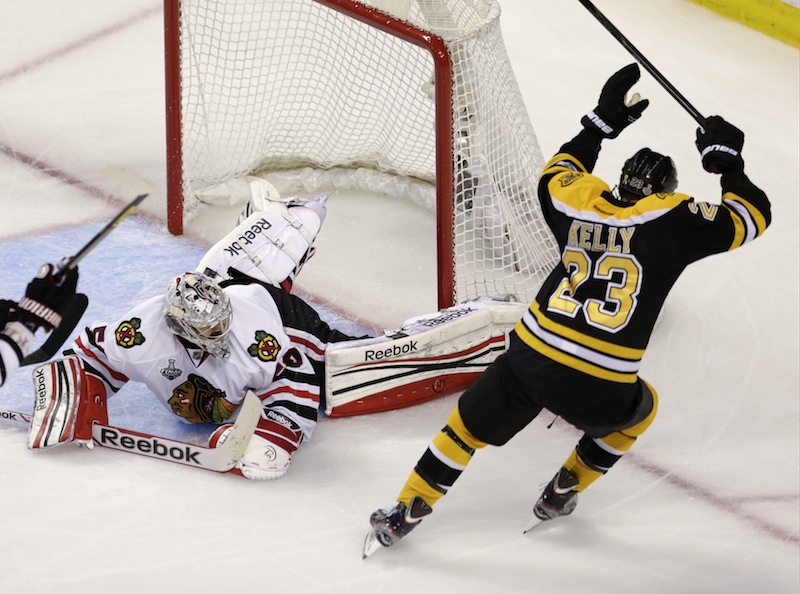 Boston Bruins center Chris Kelly (23) celebrates his goal past Chicago Blackhawks goalie Corey Crawford (50)during the first period in Game 6 of the NHL hockey Stanley Cup Finals, Monday, June 24, 2013, in Boston. (AP Photo/Charles Krupa) TD Garden