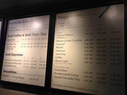 A menu board showing calorie counts hangs at a Starbucks in New York on Monday. The Seattle-based coffee chain says it will start posting calorie counts on menu boards nationwide next week, ahead of a federal regulation that would require it to do so.