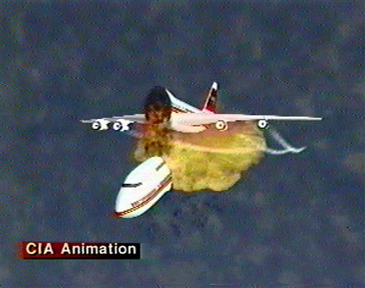 This image, provided by the Central Intelligence Agency on Dec. 9, 1997, shows an animation of the disintegration of Paris-bound TWA Flight 800 as it explodes off the coast of Long Island on July 17, 1996. The video was used to explain eyewitness accounts of the explosion, which killed all 230 people aboard.