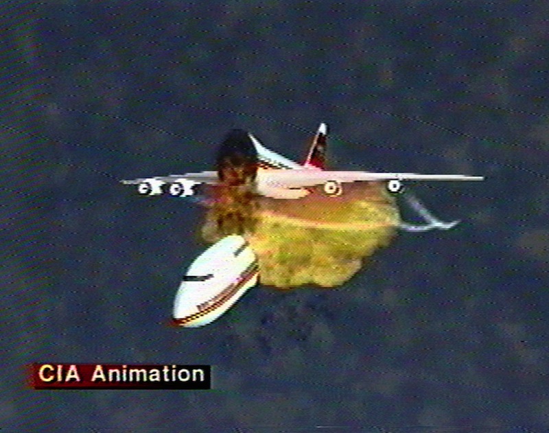 This file graphic image, provided by the Central Intelligence Agency, Dec. 9, 1997, shows an animation of the disintegration of Paris-bound TWA Flight 800 as it explodes off the coast of Long Island on July 17, 1996. The video was used to explain eyewitness accounts of the explosion, which killed all 230 people aboard. Former investigators on Wednesday, June 19, 2013 called on the National Transportation Safety Board to re-examine the cause, saying new evidence points to the often-discounted theory that a missile strike may have downed the jumbo jet. (AP Photo/Central Intelligence Agency, File)
