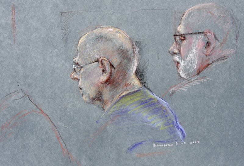 This courtroom sketch depicts James "Whitey" Bulger during the first day of his racketeering trial in U.S. District Court in Boston, Wednesday, June 12, 2013. At right is defense attorney J.W. Carney, Jr. Bulger faces a long list of crimes, including extortion and playing a role in 19 killings. (AP Photo/Margaret Small)