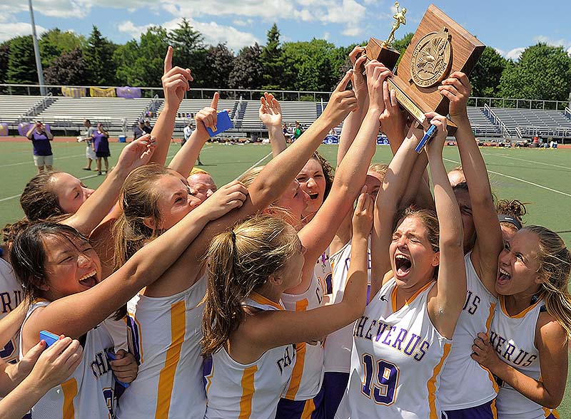 The Cheverus girls did what no previous lacrosse team had done for the Stags – lift the trophy for winning the Class A championship. Cheverus defeated Massabesic 8-7 in the state final Saturday at Fitzpatrick Stadium.