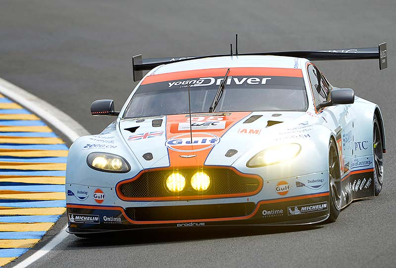 The Aston Martin Vantage GTE driven by Allan Simonsen of Denmark, is seen in action during the 90th 24-hour Le Mans endurance race, in Le Mans, western France on Saturday. Simonson crashed heavily at the Tertre Rouge on his fourth lap and died of his injuries while receiving treatment at the circuit medical center.
