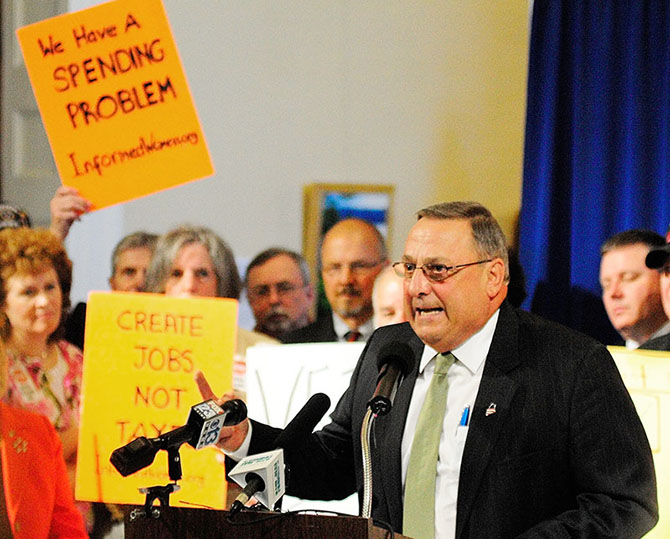 Gov. Paul LePage speaks during a rally on Thursday June 20, 2013 in the Hall of Flags at the State House in Augusta.
