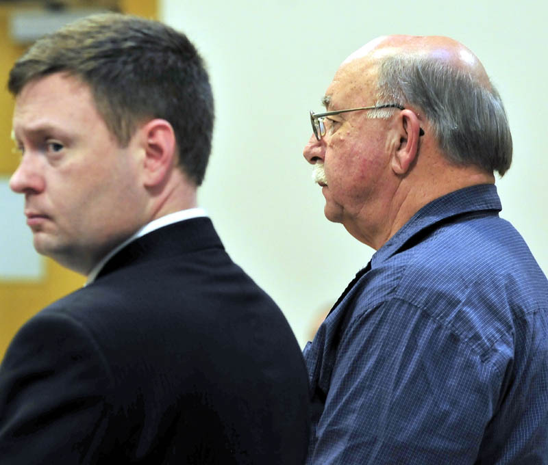 Horace Barstow, right, pleaded guilty Wednesday to four counts of unlawful sexual contact with children under the age of 14. He was sentenced in Skowhegan District Court to four years in prison. His attorney William Logan is beside him.