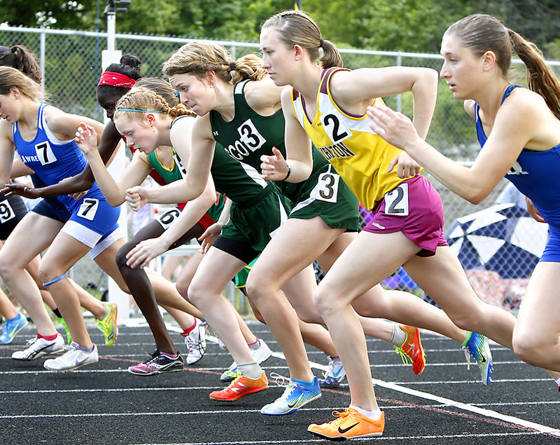 Erzsie Nagy, right, of Lawrence was the eventual winner of the girls’ 1,600. Next to her is Charlotte Pierce of Thornton Academy (fourth), Sam Cox of Bonny Eagle (third) and Kialeigh Marston of Bonny Eagle (second).