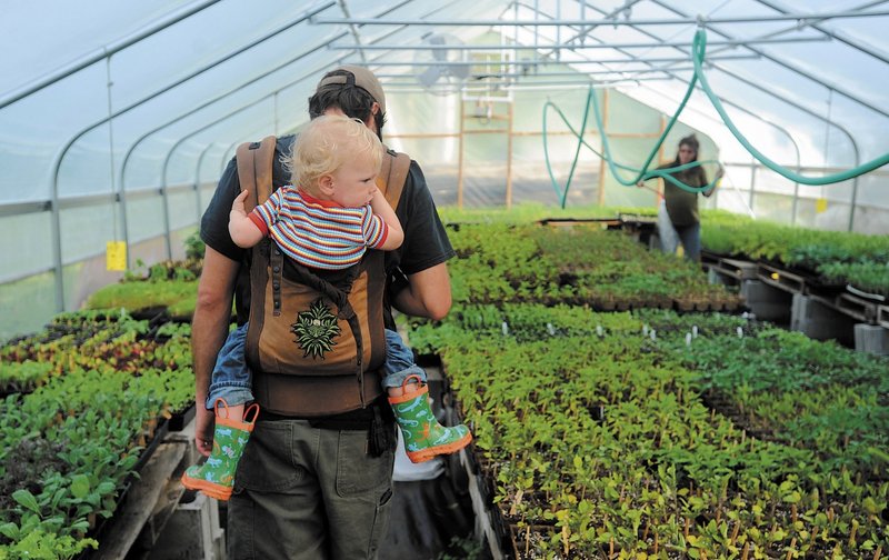 Andrew Mefferd walks through One Drop Farm’s plant nursery with his son, Jasper, 22 months. He and his wife, Ann Mefferd, started their certified organic farm in 2008.