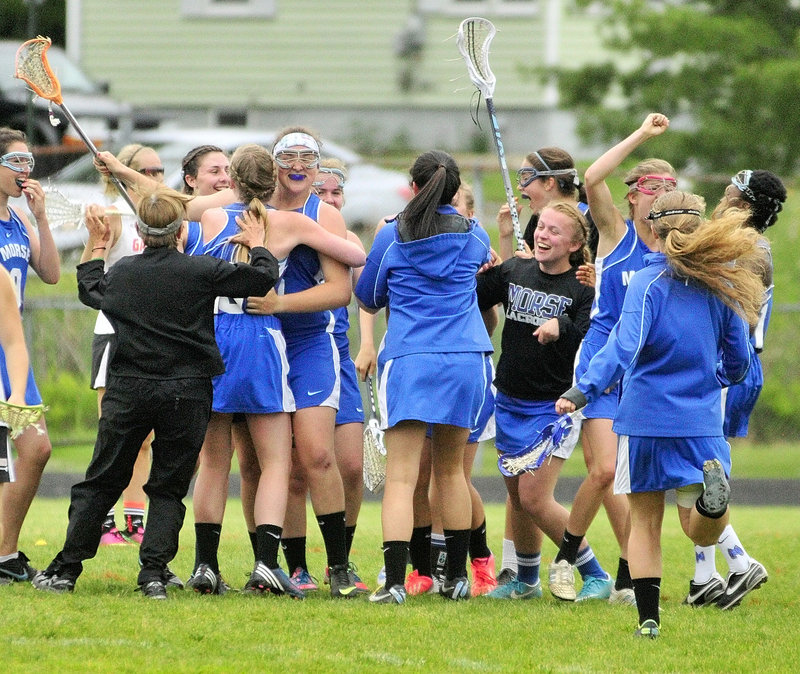 Game over, and the Morse High girls' lacrosse team got to celebrate Friday, reaching the Eastern Class B final for the first time by rallying past top-seeded Gardiner for a 9-8 victory.
