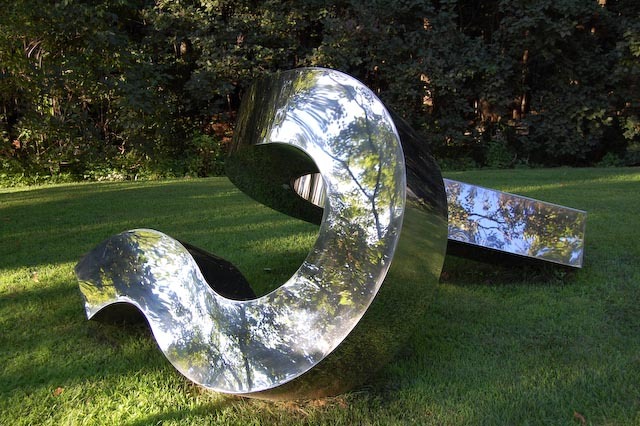 Stephen Porter created this work in polished stainless steel; he also exhibits wood and stone forms in the LaCombe show.