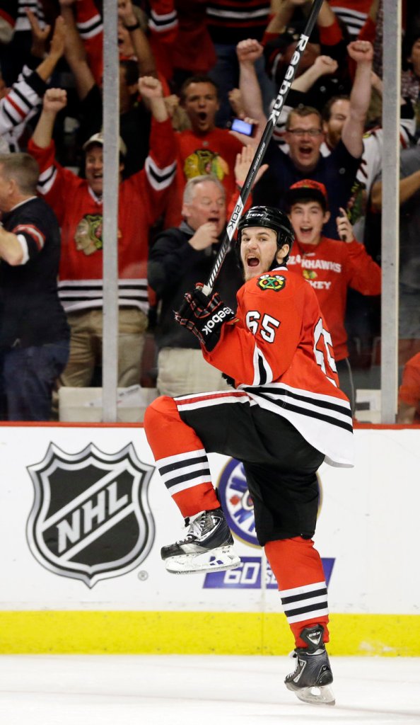 Andrew Shaw’s overtime goal gave the Blackhawks a leg up over the Bruins in the Stanley Cup finals.