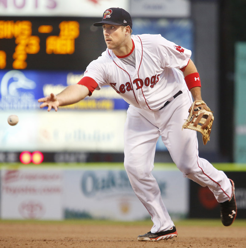 Travis Shaw makes an underhand toss Thursday during the Sea Dogs’ 2-0 win over Erie.
