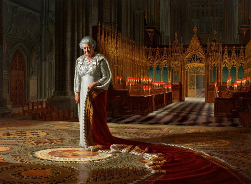 This photo shows "The Coronation Theatre, Westminster Abbey: A Portrait of Her Majesty Queen Elizabeth II, 2012," which was commissioned to mark her 60 years on the throne. A member of a protest group has been charged with spraying paint on the portrait.