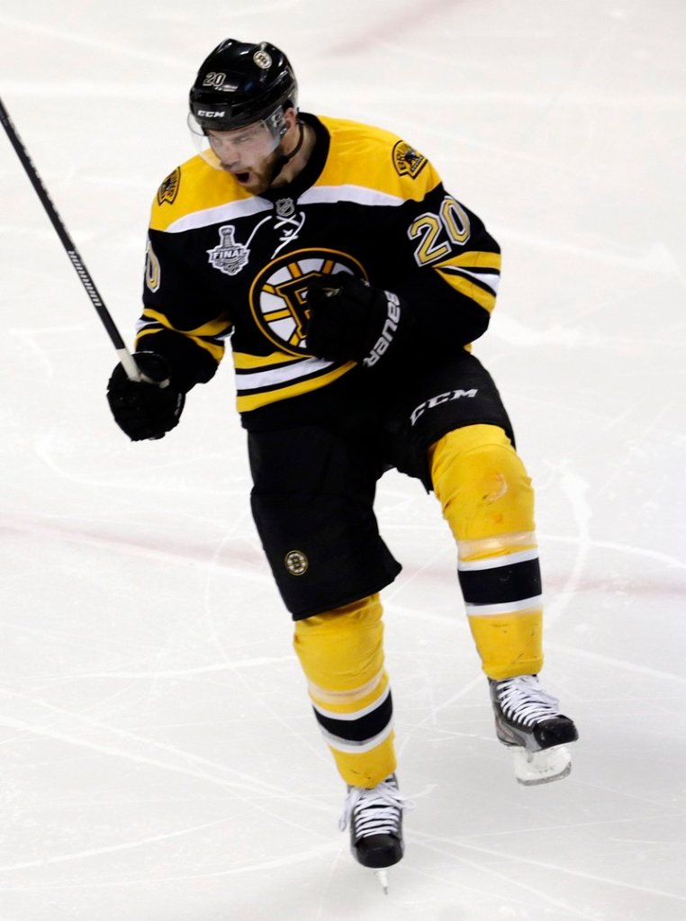 Daniel Paille is, shall we say, a little excited after scoring early in the second period Monday night to break a scoreless tie in Game 3 of the Stanley Cup finals in Boston. The Bruins won, 2-0.