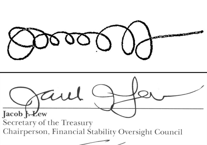 Jacob J. Lew used the signature at top when he was director of the Office of Management and Budget in 2011. Now the Treasury secretary, he has developed the more legible signature above for printing on U.S. currency.