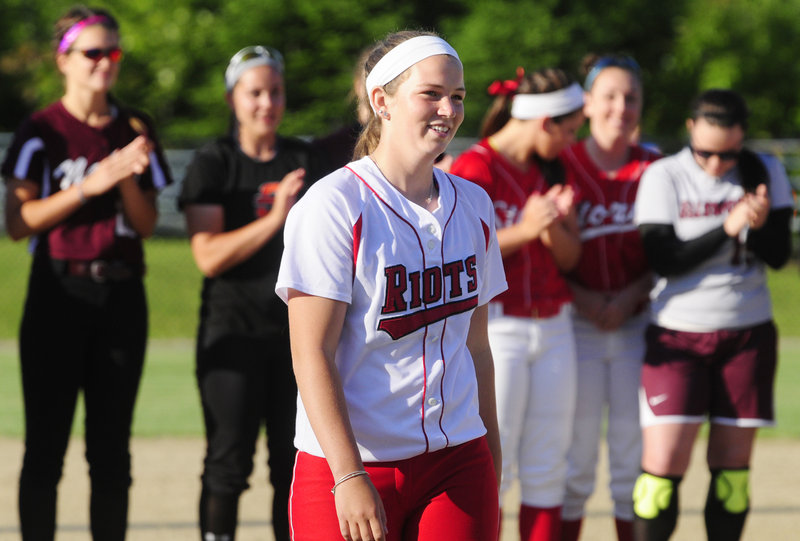 Danica Gleason of South Portland receives applause after being named the winner of the annual Miss Maine Softball award Thursday.