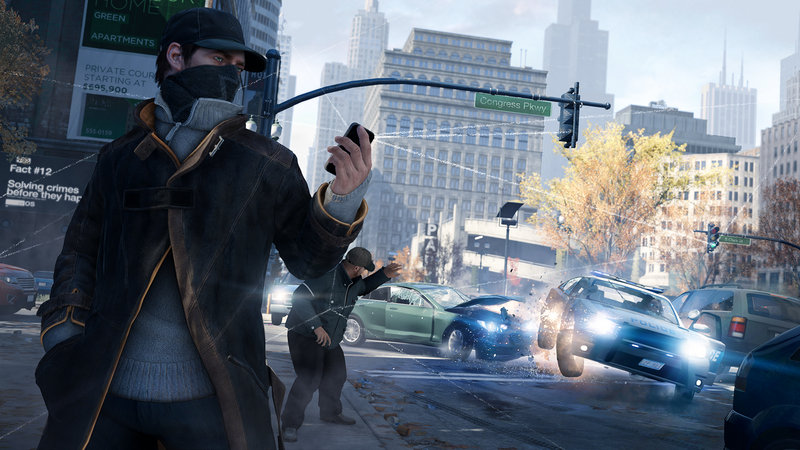 This video game image from Ubisoft shows a scene from "Watch Dogs," which portrays a super-hacker who uses his smartphone to eavesdrop on phone conversations.