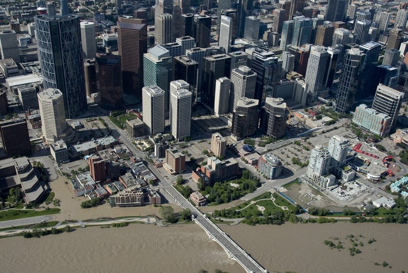 A flooded downtown Calgary, Alberta, is seen from the air Saturday. The two rivers that converge on the western Canadian city are receding after flooding devastated much of southern Alberta province, causing at least three deaths and forcing thousands of people to evacuate.
