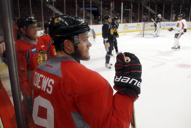 The Blackhawks hope to have Jonathan Toews back in the lineup after he sat out the third period Saturday.