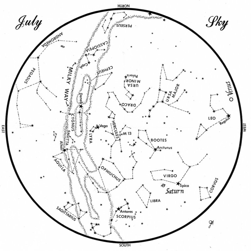 SKY GUIDE: This chart represents the sky as it appears over Maine during July. The stars are shown as they look at 10:30 p.m. early in the month, at 9:30 p.m. at midmonth and at 8:30 p.m. at month’s end. Saturn and Venus are shown in their midmonth positions. To use the map, hold it vertically and turn it so that the direction you are facing is at the bottom.