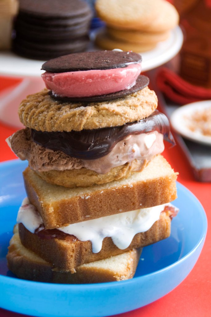 From top, black and red, double chocolate and shortcake ice cream sandwiches form a frozen-treat buffet for the Fourth.