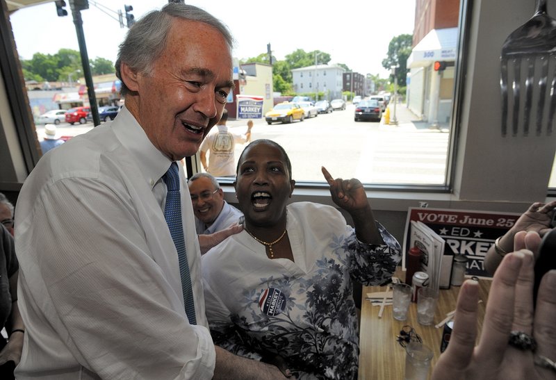 Massachusetts Senate Democratic candidate Ed Markey, left, meets and greets grassroots volunteers and supporters at the Pickle Barrel Restaurant & Deli, in Worcester, Mass., Monday, June 24, 2013. Markey and Republican Gabriel Gomez made appeals to voters Monday in the final hours before Massachusetts' special election for the U.S. Senate, where turnout is expected to be light, a contrast to the high-profile special election in the state three years ago. (AP Photo/Worcester Telegram & Gazette, John Ferrarone)