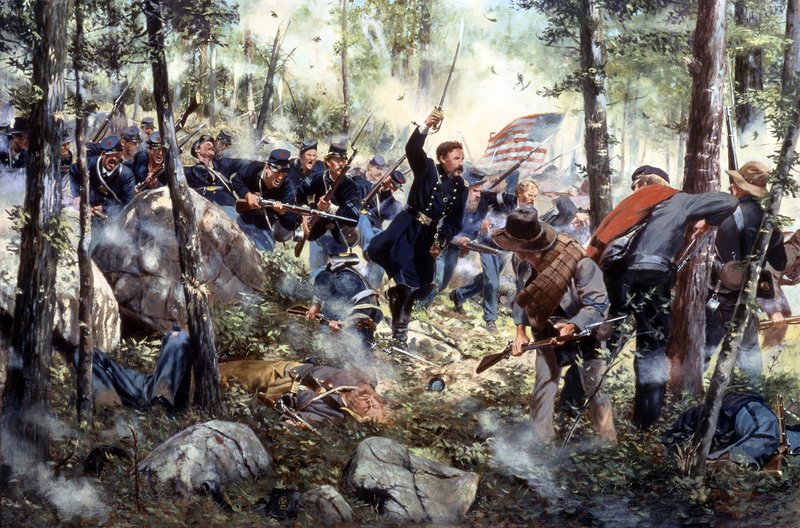 “Bayonet - July 2, 1863,” a painting by American historical artist Don Troiani, depicts the 20th Maine Regiment at Little Round Top in Gettysburg, Pa. With his men running out of ammunition, Col. Joshua Chamberlain leads a bayonet charge during the three-day battle, generally considered the turning point in the American Civil War. This week marks the battle’s 150th anniversary.