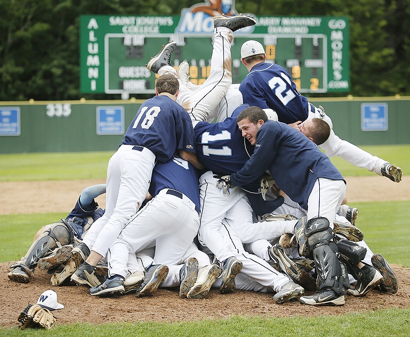 Westbrook players form a pile on top of pitcher Keenen Lowe after a 5-0 win over Marshwood on Wednesday afternoon in the Western Class A baseball final. The Blue Blazes will play for the state title Saturday against Oxford Hills or Messalonskee.