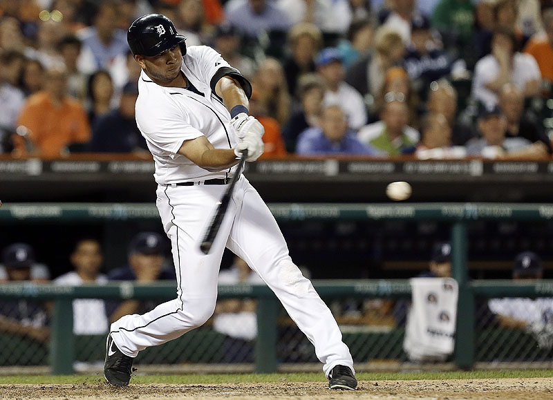 Jhonny Peralta of the Detroit Tigers takes the swing Thursday night that resulted in a two-run homer in the ninth inning, sending the Boston Red Sox to a 4-3 defeat.