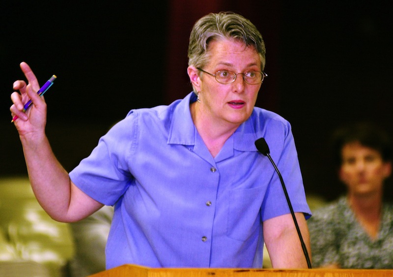 In this June 2001 file photo, Amanda Rowe, nurse coordinator for Portland Schools, speaks in favor of the proposal to dispense contraceptives to qualified high school students. Rowe, an outspoken advocate for children’s health, died from breast cancer Sunday, July 14, 2013 at 58 years old. Gordon Chibroski