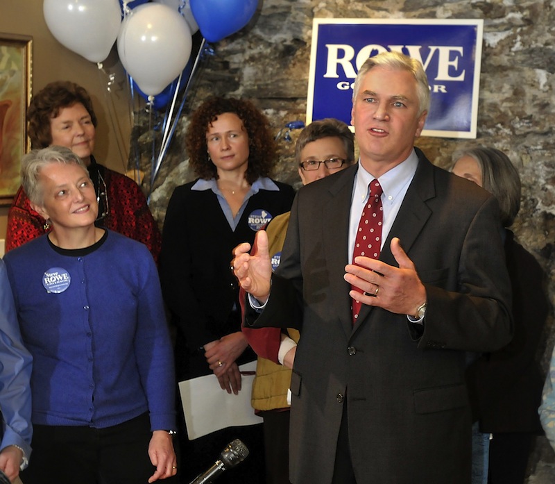 In this March 2010 file photo, Amanda Rowe looks at her husband, Maine Attorney General Steve Rowe, as he thanks "Women Rowers" for their endorsement. Rowe, an outspoken advocate for children’s health, died from breast cancer Sunday, July 14, 2013 at 58 years old.