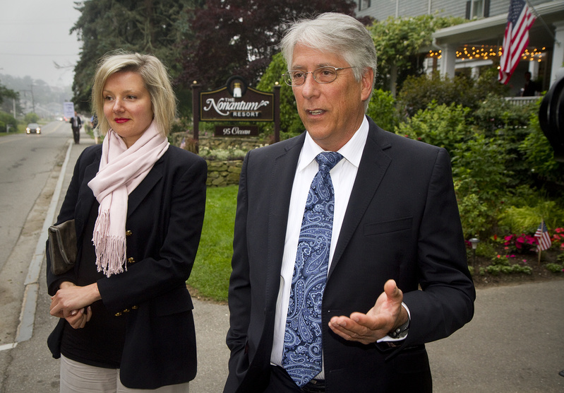 Les Otten, who was a candidate for governor in 2010, speaks to members of the media outside the Nonantum Resort in Kennebunkport, where he was attending a fundraiser for Maine Gov. Paul LePage on Tuesday. At left is Veronica Cross.