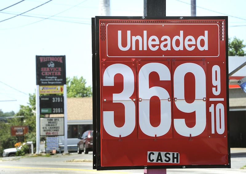 A sign at Ralph's/Holly's in Westbrook announces gas costs $3.69 per gallon. Gas prices have skyrocketed in Maine this summer.