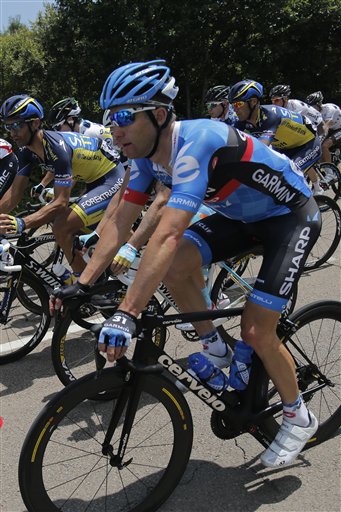 Christian Vandevelde of the U.S. rides in the pack during the first stage of the Tour de France cycling race over 213 kilometers (133 miles) with start in Porto Vecchio and finish in Bastia, Corsica island, France, Saturday June 29, 2013.