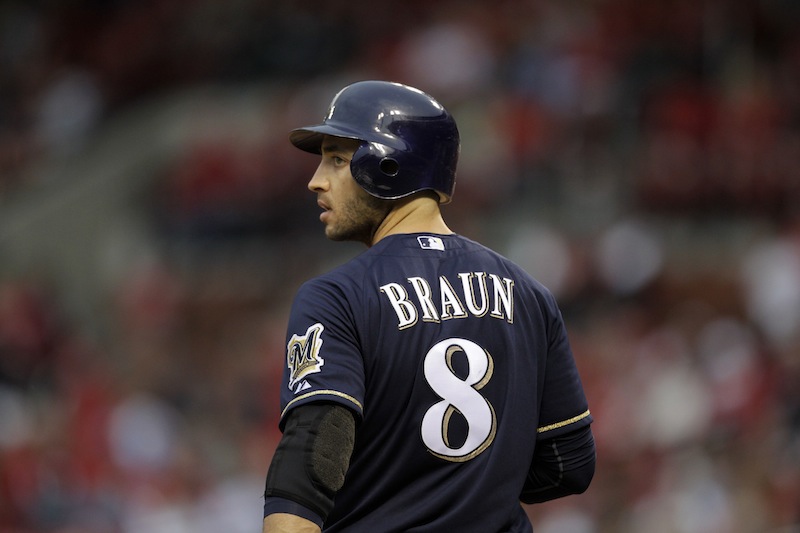 This April 27, 2012 file photo shows Milwaukee Brewers' Ryan Braun preparing to bat during a baseball game against the St. Louis Cardinals in St. Louis. Braun, a former National League MVP , has been suspended without pay for the rest of the season and admitted he "made mistakes" in violating Major Leauge Baseball's drug policies. MLB Commissioner Bud Selig announced the penalty Monday July 22, 2013, and released a statement by the Milwaukee Brewers slugger, who said: "I am not perfect. I realize now that I have made some mistakes. I am willing to accept the consequences of those actions." (AP Photo/Jeff Roberson, File)