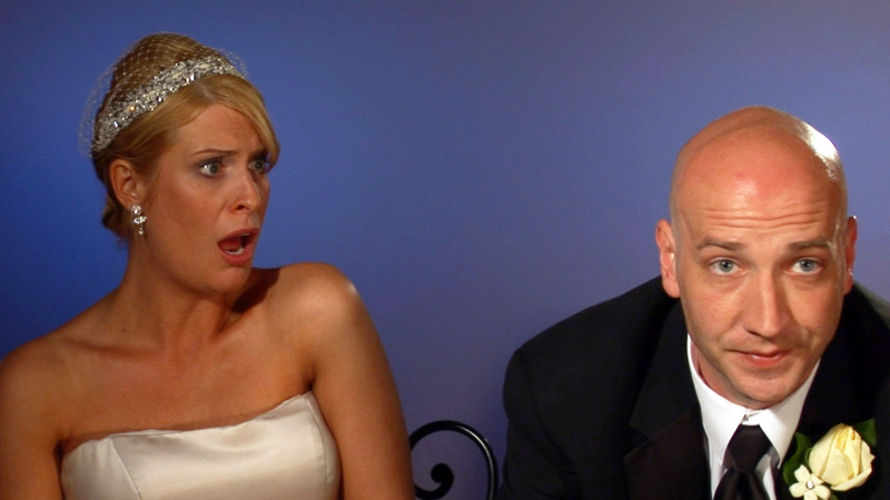 This image from video released by WE TV shows Kirsten Walker, left, and her husband Seth, a couple showcased on the sixth season of the popular wedding series "Bridezillas." Walker was a theater actor before hitting the show with enough drama for an Oscar, warring with her band, lamenting that her dress had been cut too short and sobbing on her wedding day.